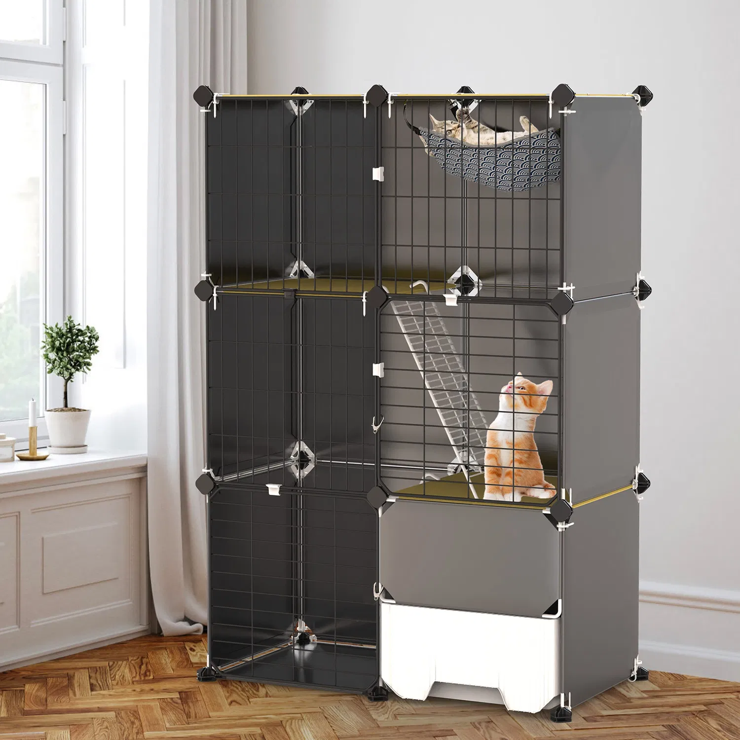 Multi-Level Cat Playpen Cage, 3-Tier Indoor Cat House with Built-in Litter Tray, Litter Scoop, Reversible Hammock for Kittens, Ferrets, Rabbits photo 8