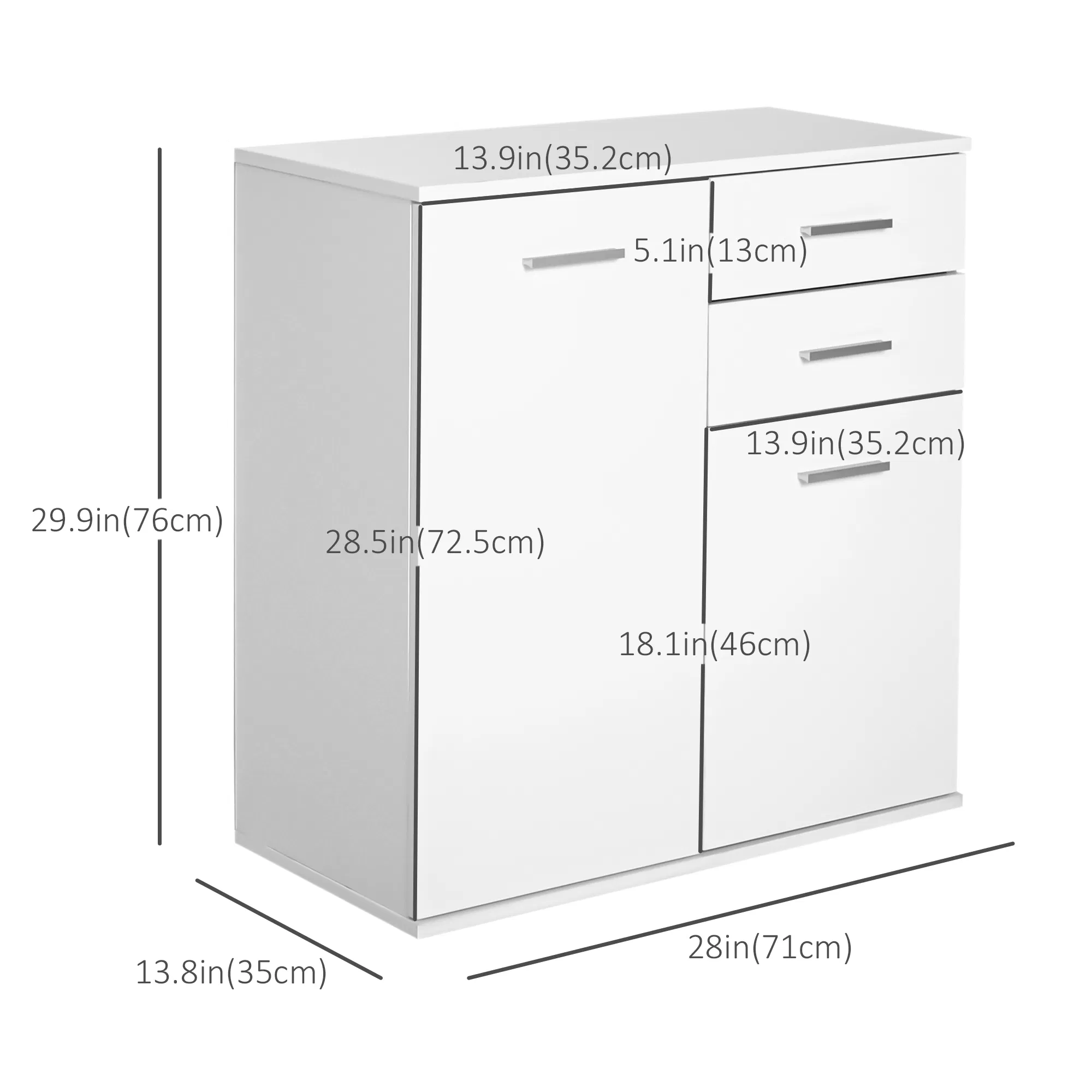 High Gloss Sideboard with 2 Drawers and 2 Doors, Buffet Cabinet with Adjustable Shelf, Coffee Bar Cabinet with Storage, White photo 3