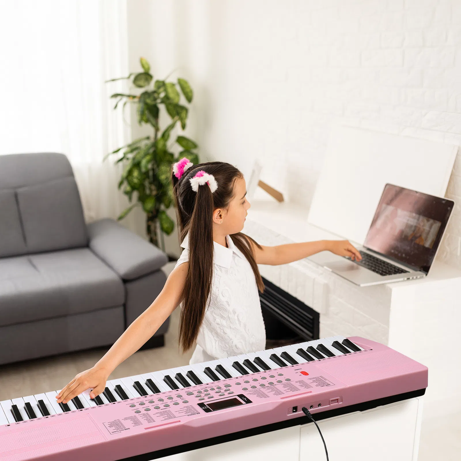 [Do Not Sell on Amazon]GEP-110 61 Key Keyboard with Piano Stand, Piano Bench, Built In Speakers, Headphone, Microphone, Music Rest, LED Screen, 3 Teaching Modes for Beginners photo 2