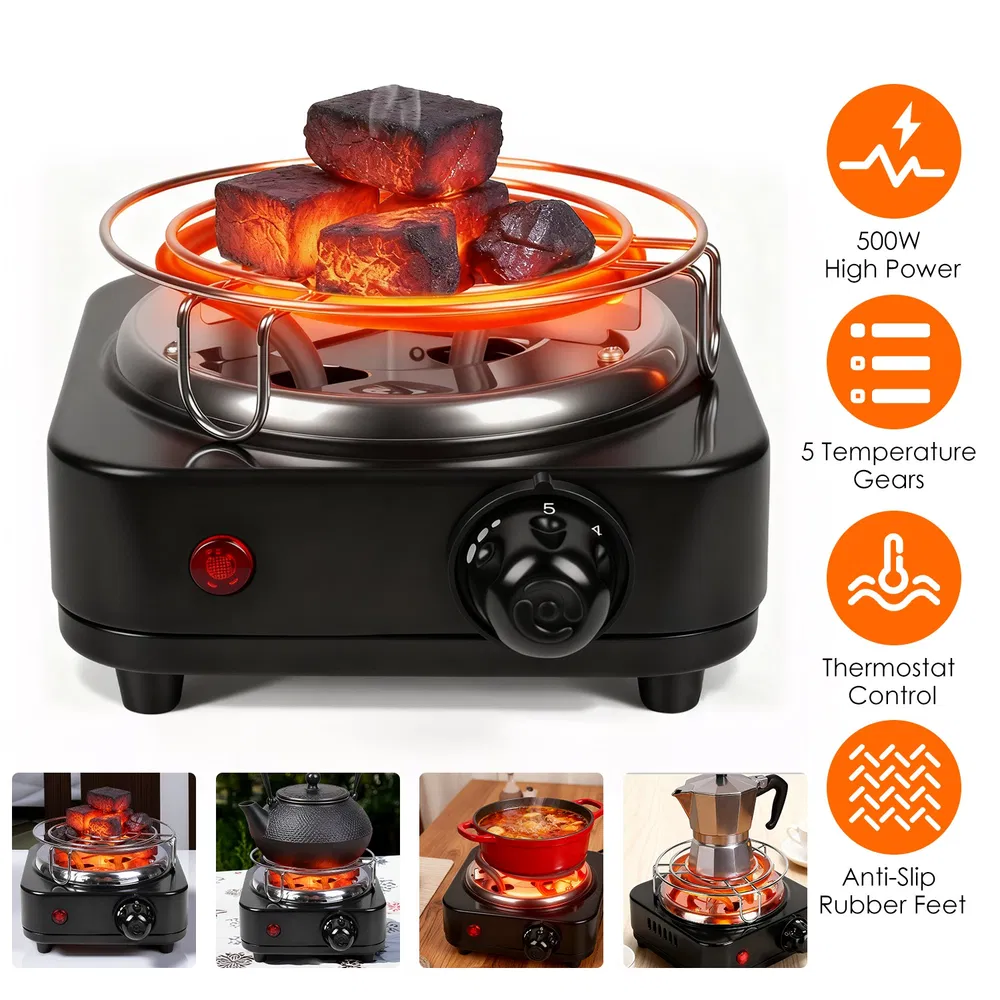 Fast Heating Hookah Coal Heater 500W - 5 Temperature Gears, Safe Thermostat Design, Rust-Resistant Stainless Steel, Bonus Tongs & Grid for Indoor/Outdoor BBQ photo 2
