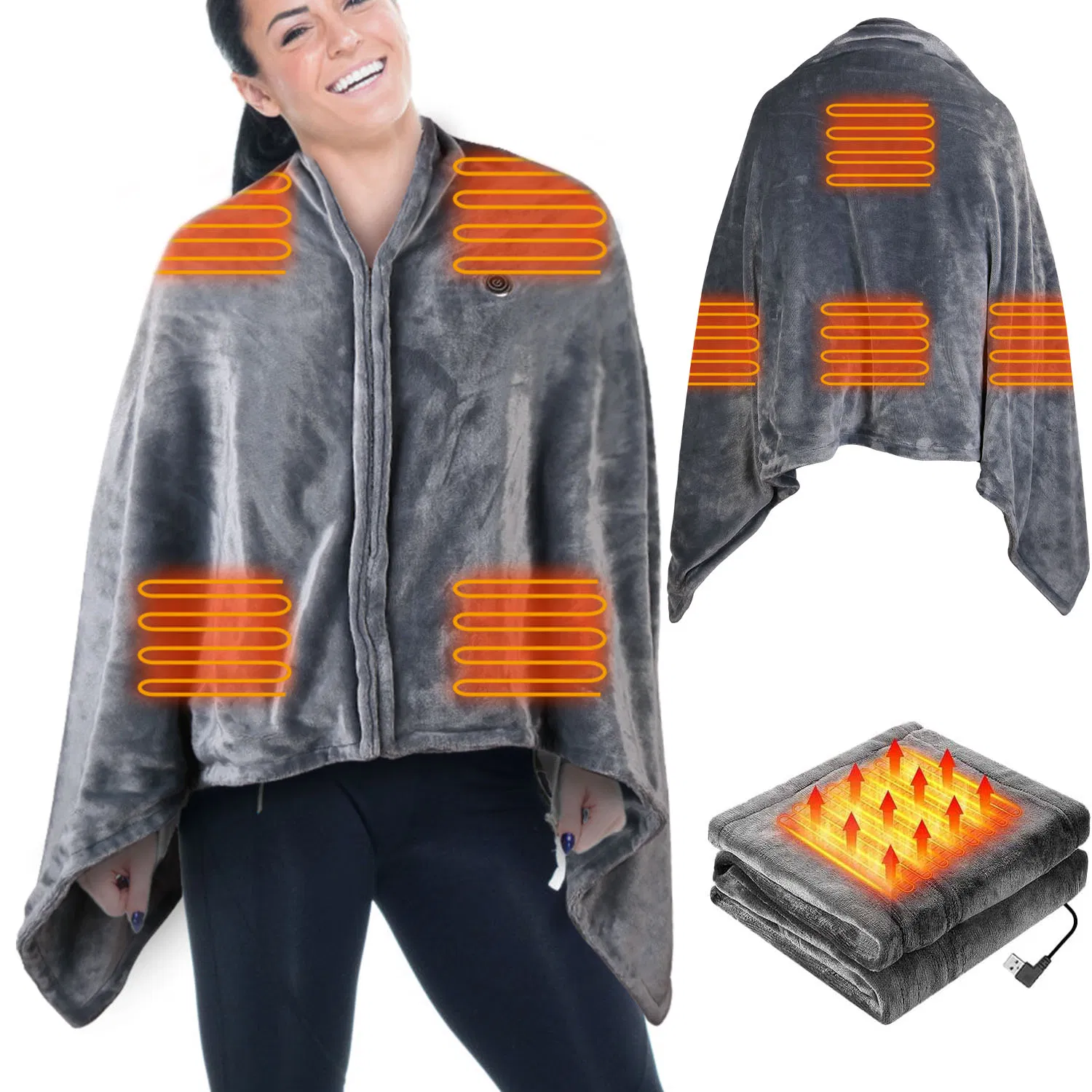 USB Heated Blanket Electric Heated Blanket Heated Poncho Shawl Wrap Throw with Zipper Washable for Home Office 59*31in photo 6