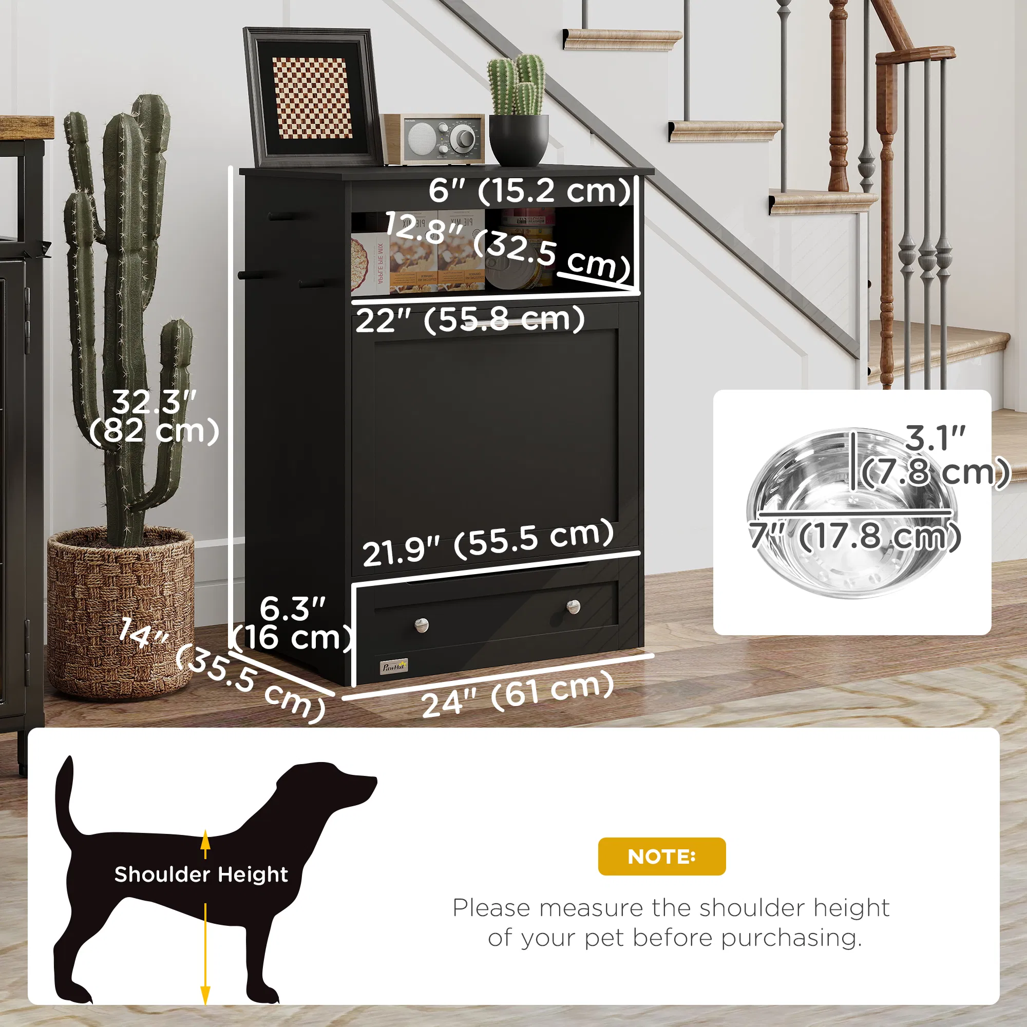 Pet Feeder Station Storage Cabinet, Dog Food Storage Container with Dog Raised Bowls, Watering Supplies, Black photo 6