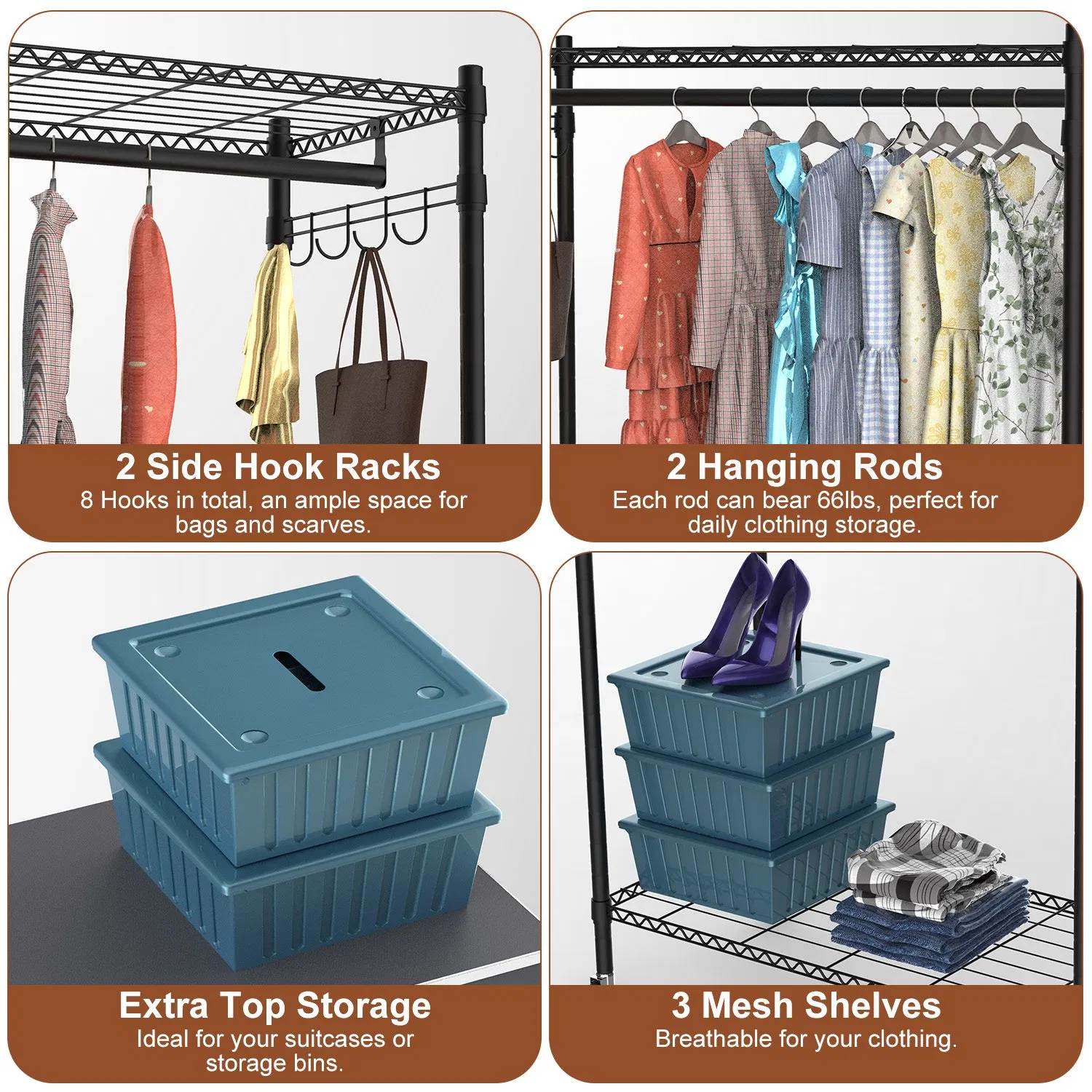 2 Tier Clothing Rack With Cover Portable Wardrobe Closet Covered Garment Rack with 4 Wheels 2 Hanging Rods 2 Hook Racks 35.43x17.13x72.44in photo 3