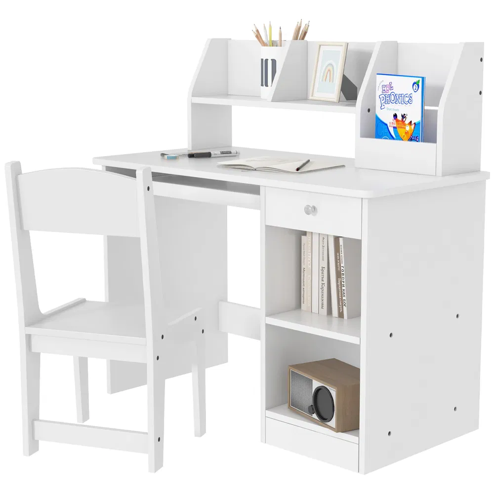 Kids Desk and Chair Set for 5-8 Year Old with Storage, Study Table and Chair for Children, White photo 2