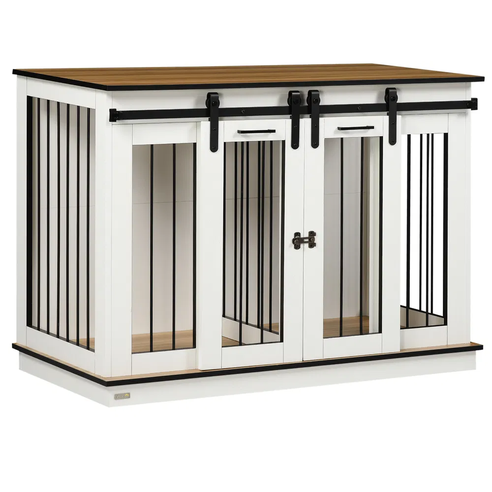 47in Dog Crate Furniture with Divider Panel, Wooden Dog Kennel TV Stand for Large Breeds, Pet House Side Table for 2 Small Breeds with 2 Rooms Design, 2 Sliding Doors, White photo 2