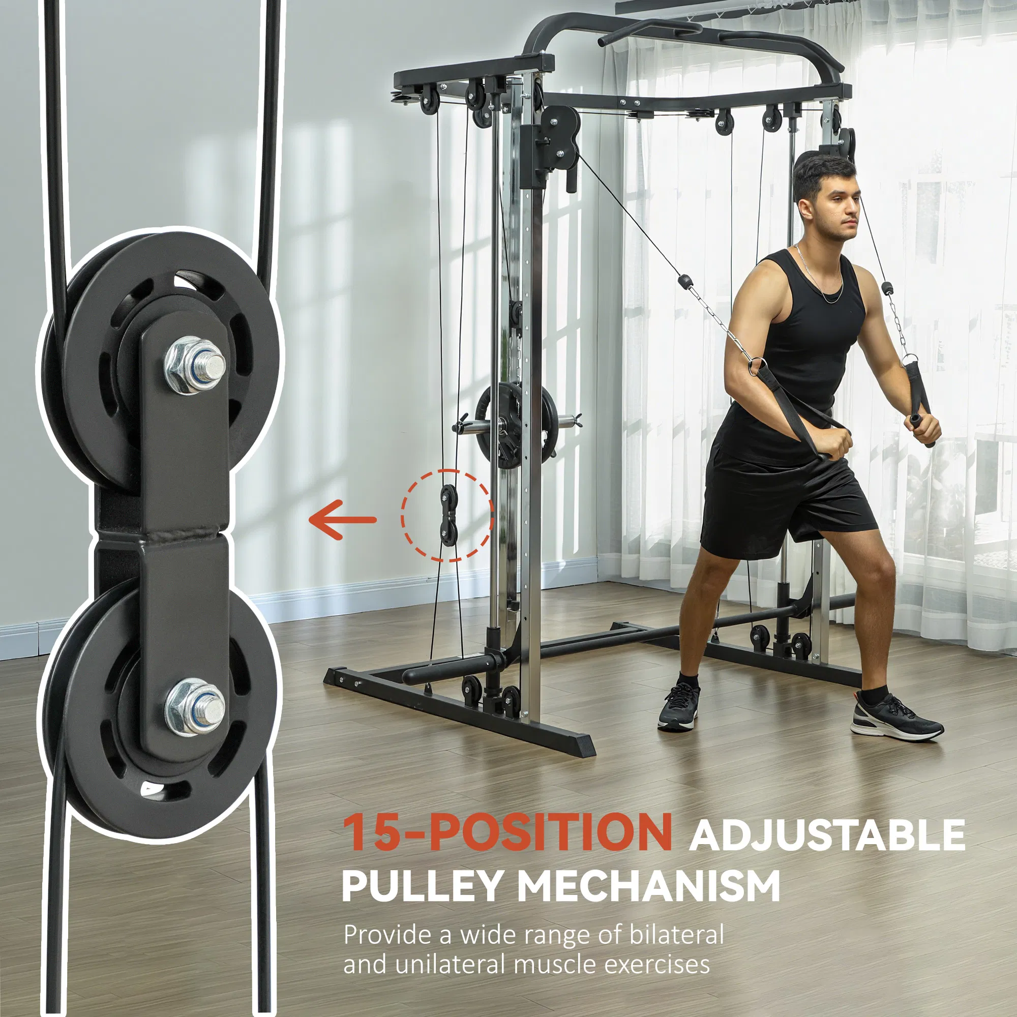 3 In 1 Smith Machine Power Rack with Cable Crossover System, Pull up Station, 16-Level Squat Rack and Barbell Bar photo 4
