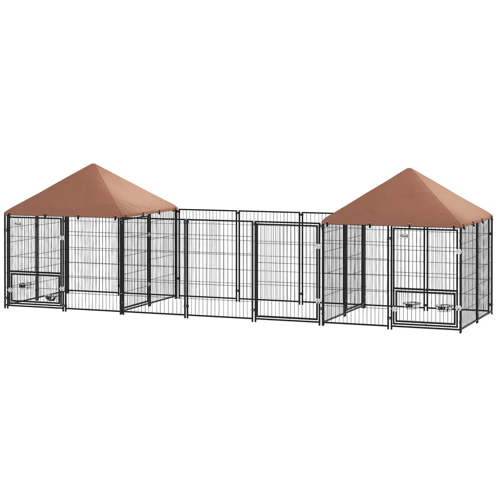 Outdoor Dog Kennel with 2 Rooms, Rotating & Adjustable Height Bowls, Waterproof UV-Resistant Cover, 16.2' x 4.7' x 5.1' photo 2