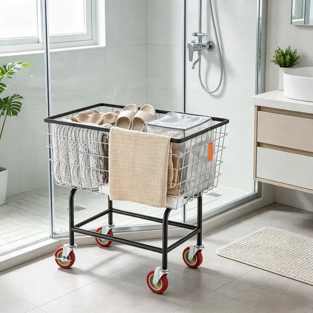 Wire Laundry Cart, 2.8 Bushel Wire Laundry Basket with Wheels, 26.7" x 21.7" x 26.4" Commercial Grade photo 7