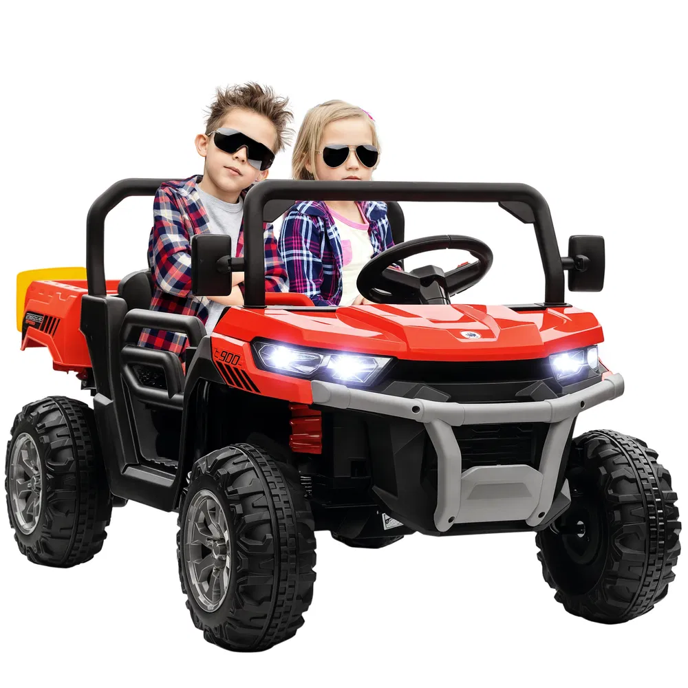 12V Ride on Car with Electric Bucket, Two-Seater, Shovel, Remote Control, Spring Suspension, Horn, Music, Red photo 2