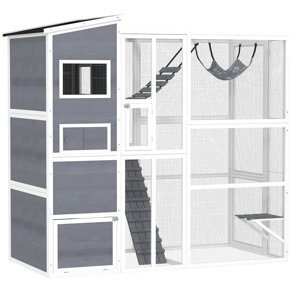 76" Catio Outdoor Cat Enclosure with Cat Condo, Jumping Platforms, Ladder, Ramps, Hammock for 2-3 Indoor Cats, Grey photo 2