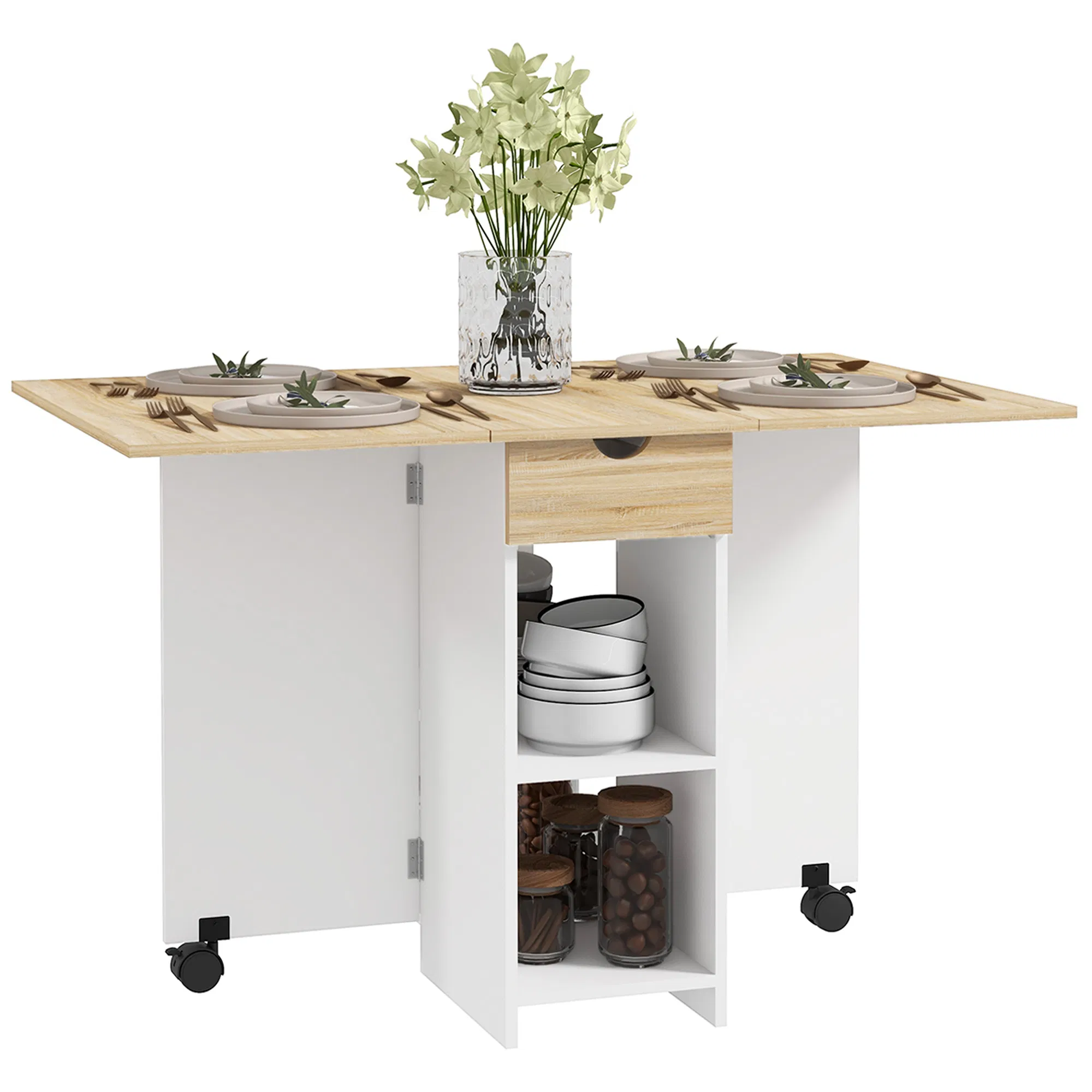 Folding Dining Table, Space Saving Drop Leaf Table with Drawer and Storage Shelves for Kitchen, Dining Room, Oak photo 1