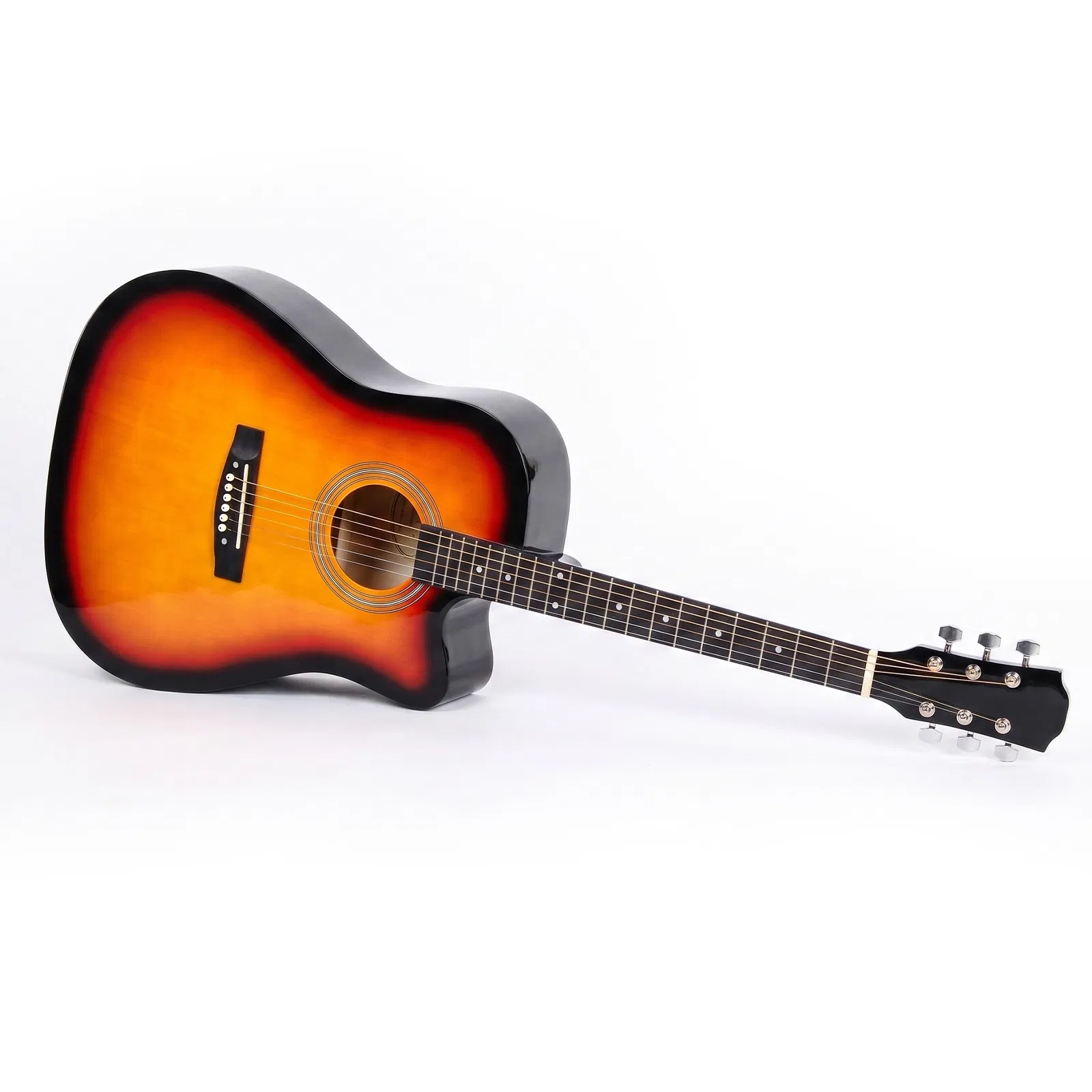 Sunset color 41-inch Dreadnought barrel-shaped cutaway acoustic guitar with pick, strings, capo, gig bag, tuner, wrench tool, and shoulder strap photo 3