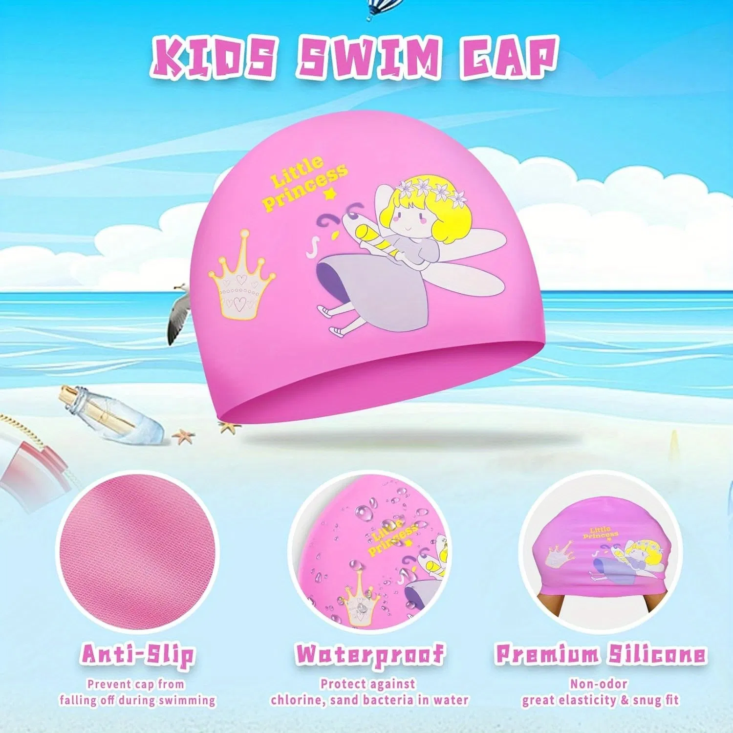 2 Pack Kids Swim Caps for Girls Boy Aged 9-15, Waterproof Bathing Cap for Long and Short Hair, Silicone Swimming Cap Swim Hats with Fairy Mermaid Cartoon photo 3