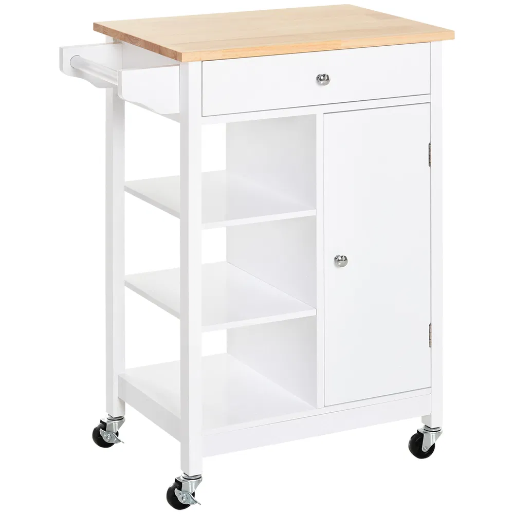 Modern Rolling Kitchen Island Cart with Drawer, Natural Wood Top, Towel Rack, Door Storage Cabinet, White photo 2