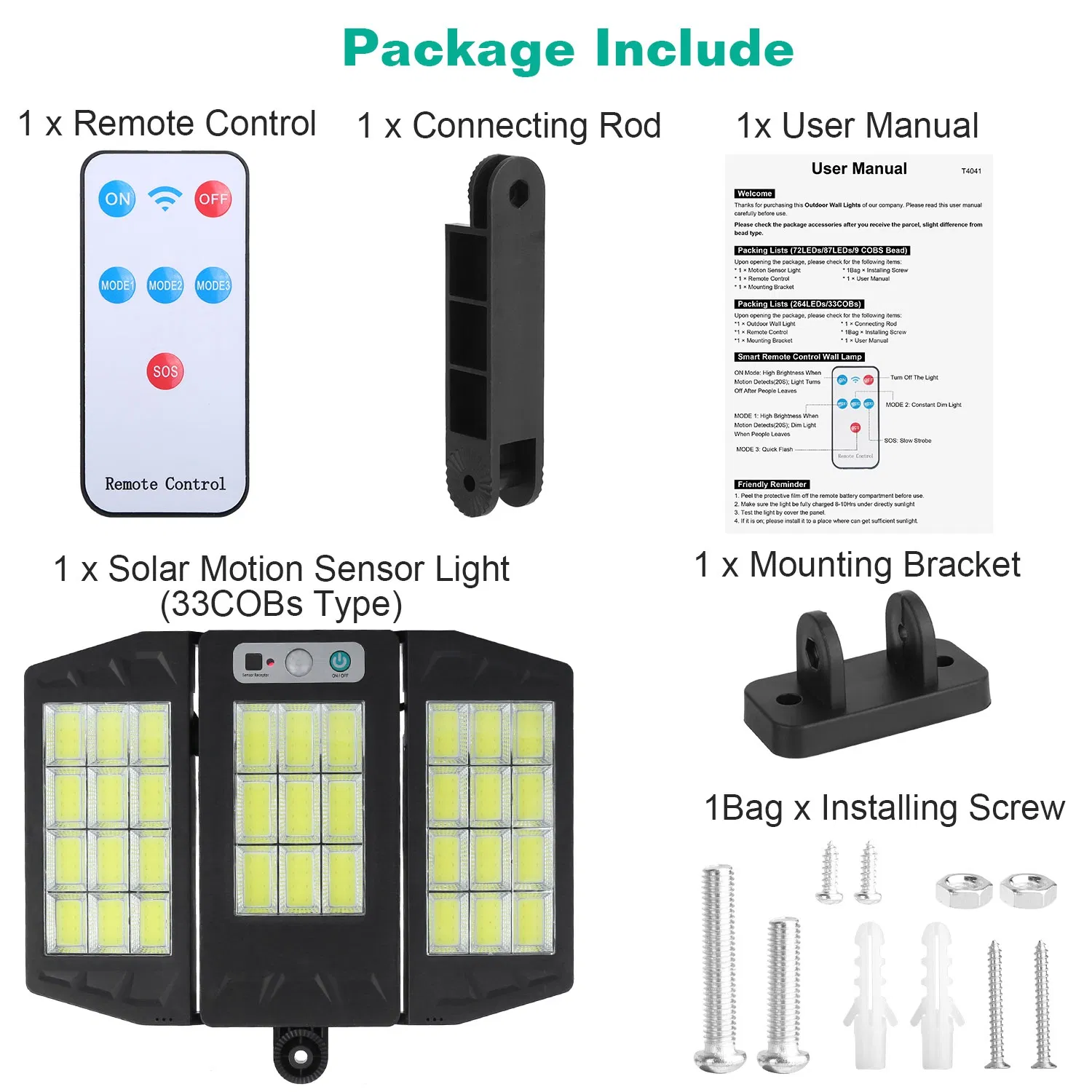 Solar Wall Light Outdoor 33 COB Beads PIR Motion Sensor Remote Control Wireless Lamps IP45 Waterproof Lighting for Garage Front Door Garden Pathway photo 8
