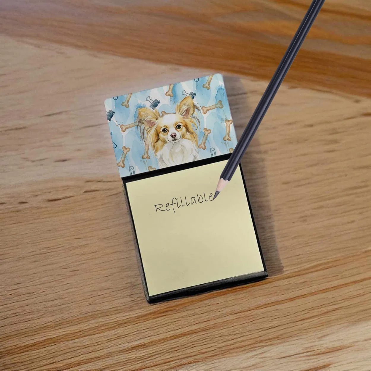 Lemon and White Papillon Coworker Watercolor Sticky Note Holder Refillable Dispenser Desk Accessory 3x3 Pad Gift photo 3