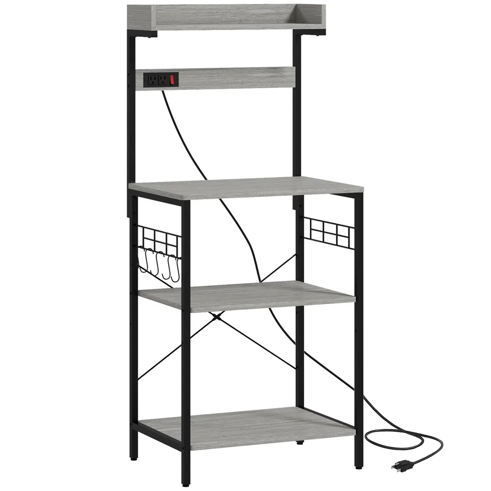 Kitchen Baker's Rack with Power Outlet, Coffee Bar Station with Adjustable Shelves and Hooks, Distressed Grey photo 2