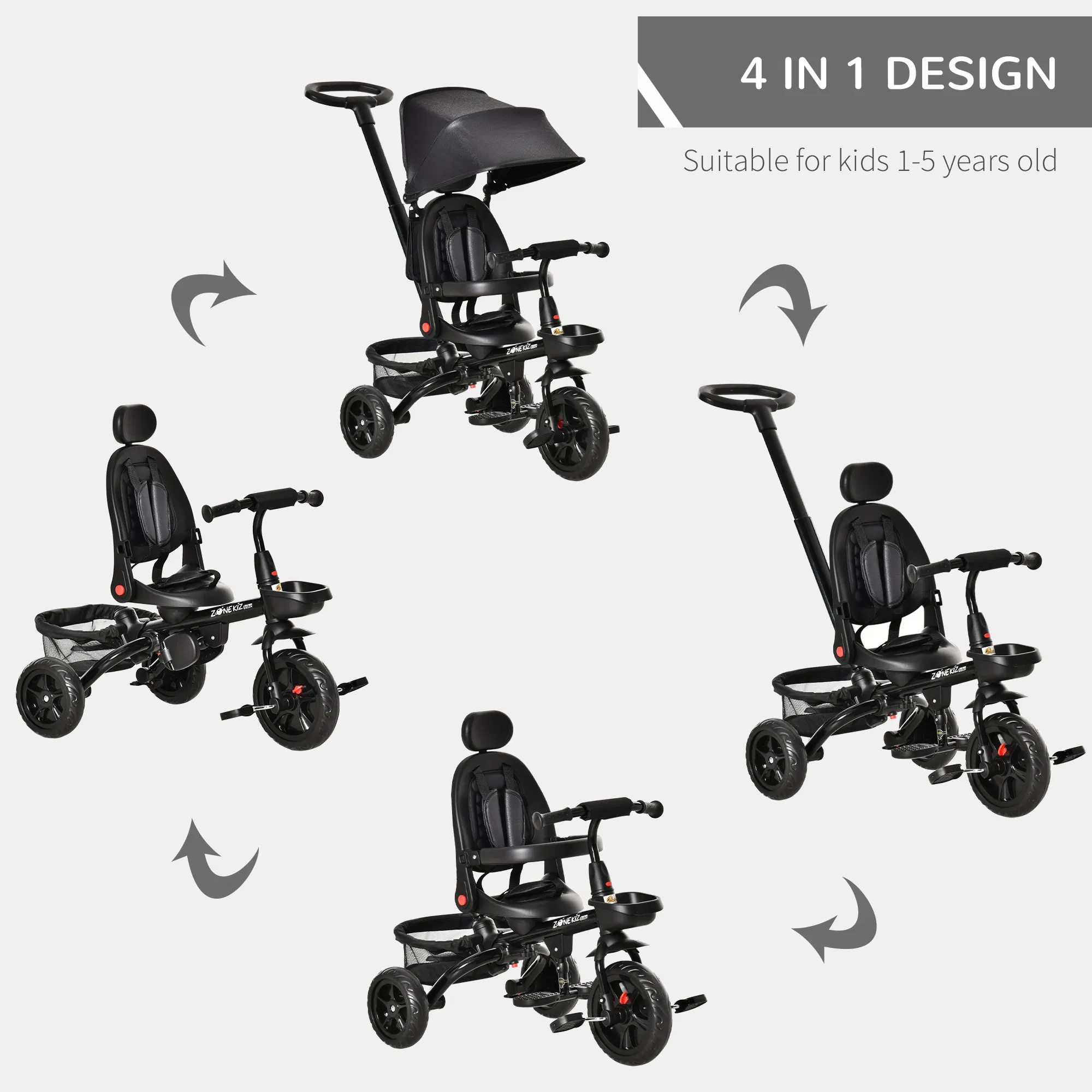 Tricycle for Toddler 4 in 1 Kids Trike with Reversible Adjustable Seat, Baby Push Bike with Removable Handle, Canopy, Belt Storage Brake Clutch for 1-5 Years, Black photo 5