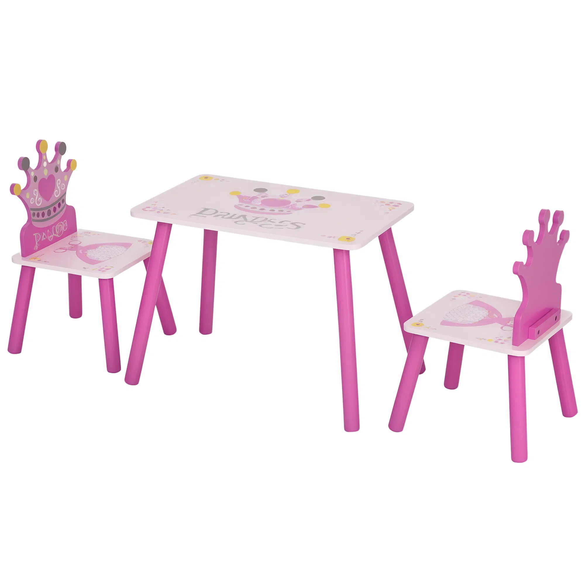 3-Piece Set Kids Wooden Table Chair with Crown Pattern Easy to Clean Gift for Girls Toddlers Age 2-4 Years Old Pink photo 1