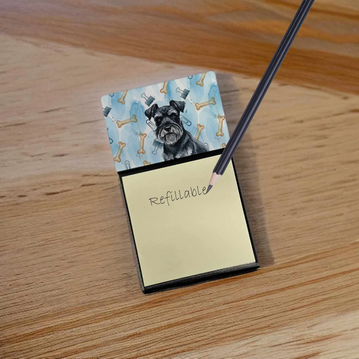 Black Miniature Schnauzer Coworker Watercolor Sticky Note Holder Refillable Dispenser Desk Accessory 3x3 Pad Gift photo 6