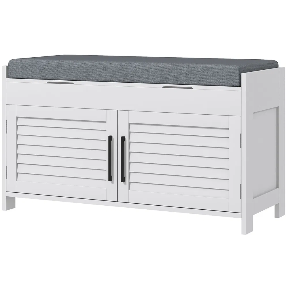Entryway Bench with Cushion, Hidden Storage, Adjustable Shelves and Shutter Doors, 35.4" Shoe Bench, White photo 2