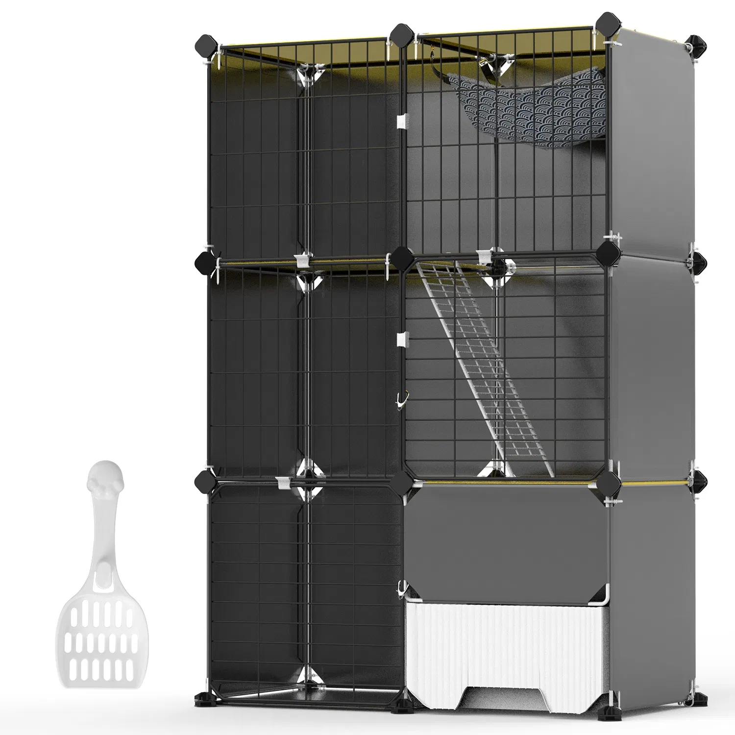 Multi-Level Cat Playpen Cage, 3-Tier Indoor Cat House with Built-in Litter Tray, Litter Scoop, Reversible Hammock for Kittens, Ferrets, Rabbits photo 3