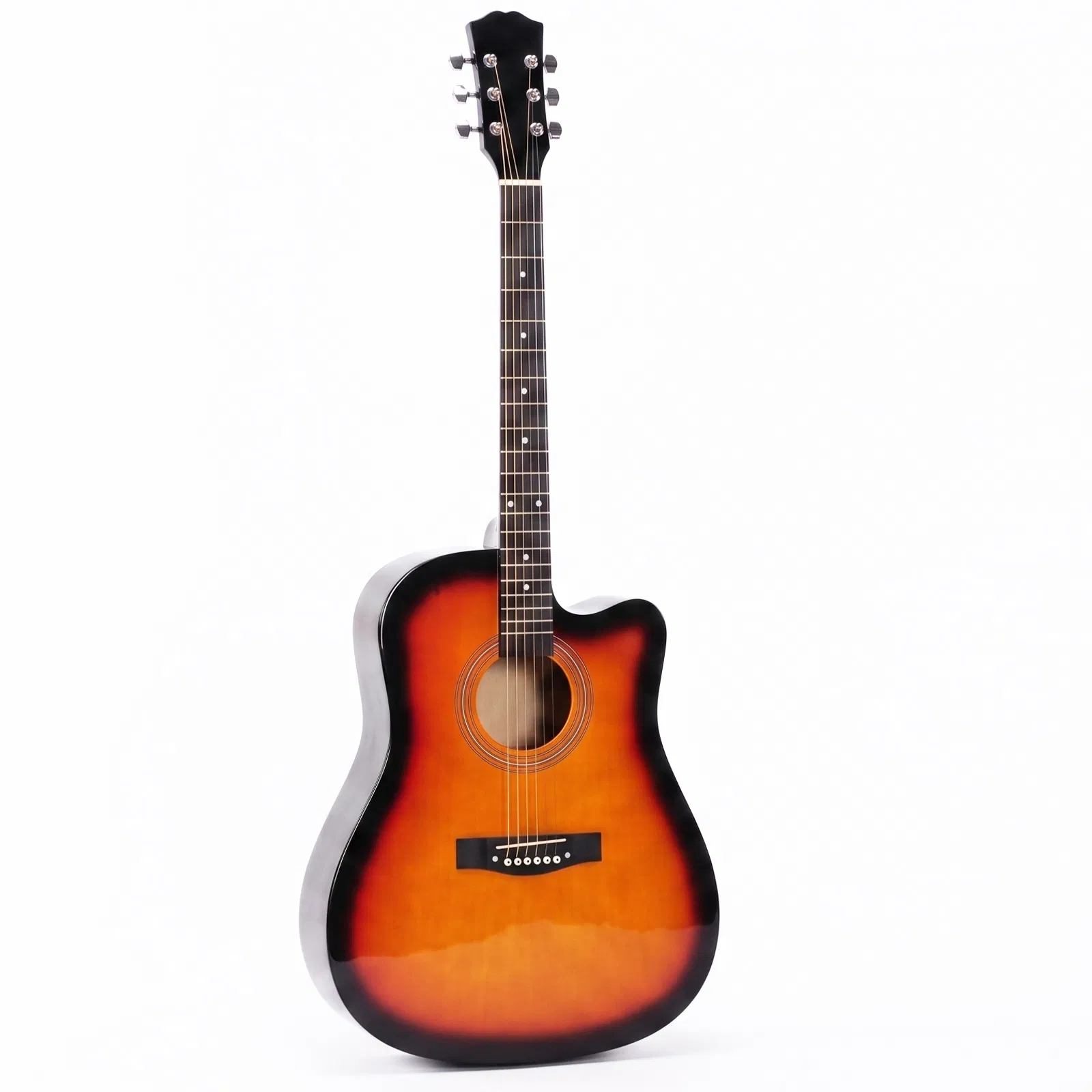 Sunset color 41-inch Dreadnought barrel-shaped cutaway acoustic guitar with pick, strings, capo, gig bag, tuner, wrench tool, and shoulder strap photo 1