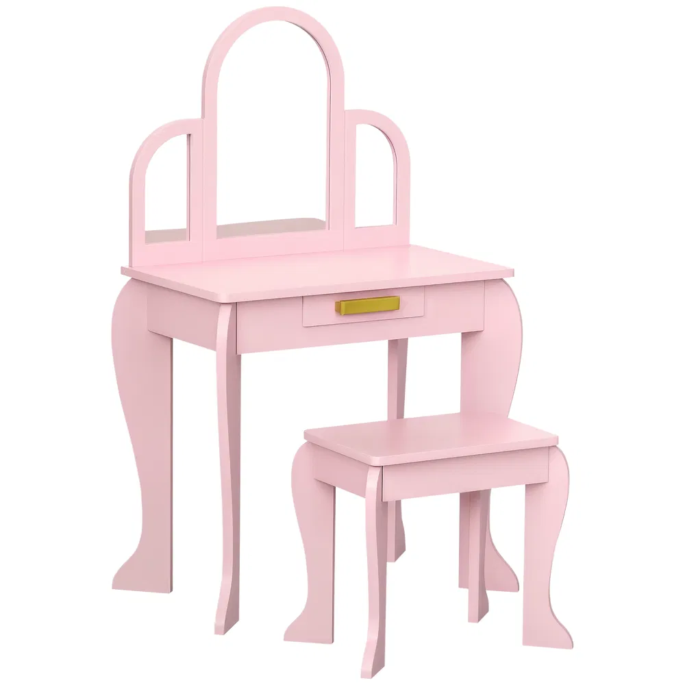 Kids Dressing Table and Chair Set, Girls Dressing Set, Makeup Desk with Drawer for 3-6 Years Old Kids, Pink photo 2