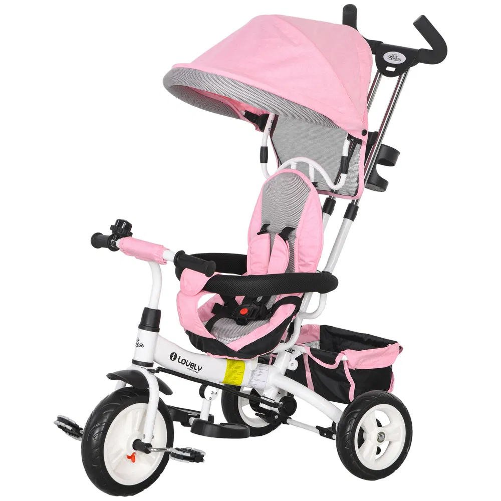 6 in 1 Toddler Tricycle Stroller with Basket, Canopy, 5-point Safety Harness, for 12-60 Months, Pink photo 2