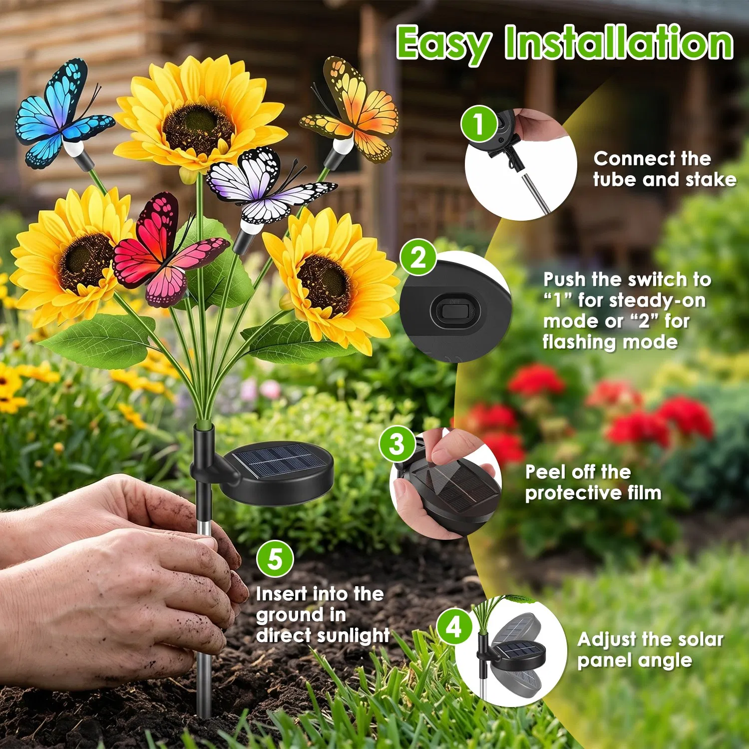 Decorative Solar Sunflower Garden Lights,4 Pack Decorative Butterfly Accent, 2 Lighting Modes, IP44 Waterproof Solar Powered Lights for Outdoor Garden, Lawn, Patio & Flower Bed photo 4