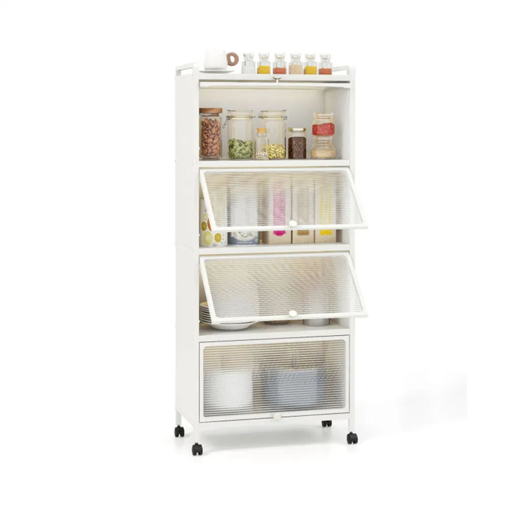 5-Tier Rolling Microwave Stand Flip Dust-Proof Doors 4 Casters with Brakes Kitchen Storage Rack White photo 2