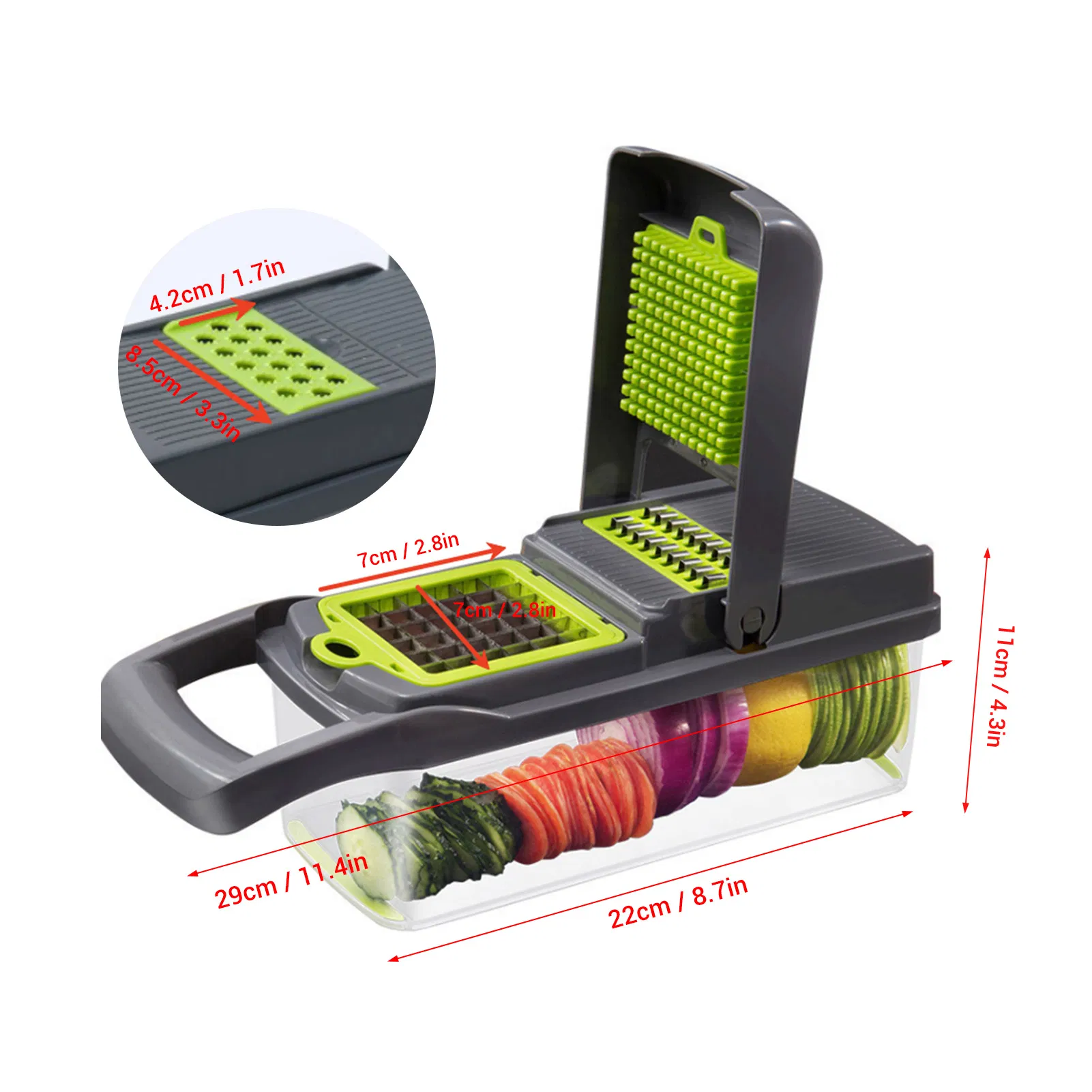 Vegetable Chopper Dicer with Container | Cheese Grater Mandoline Slicer Cabbage Shredder French Fry Cutter Stainless Steel for Veggie Onion Potato Fruit Food, Manual Hand Cooking Gadget for Kitchen photo 7