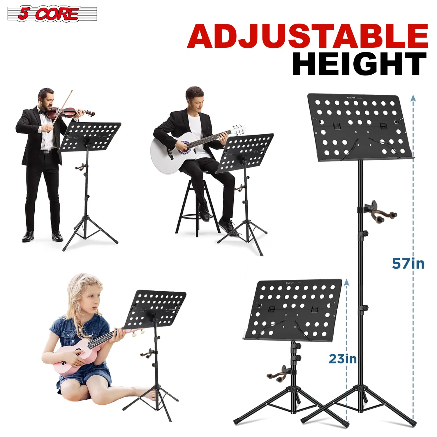 5 Core Music Stand For Sheet Music Height Adjustable Portable Folding Atril Para Partituras w Light Clip for Guitar Players Violinists Cellists Pianists photo 6