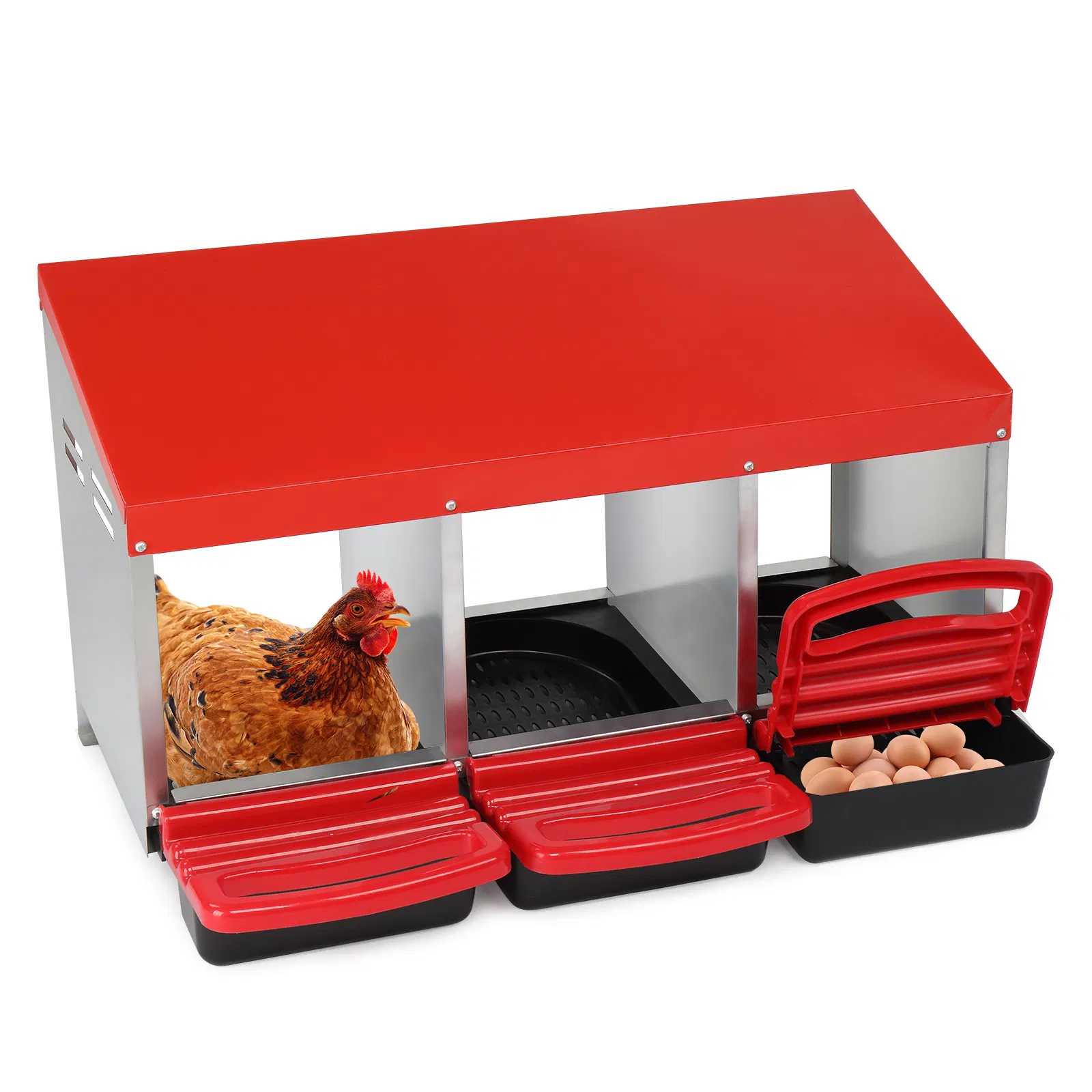 3 Compartment Roll Out Chicken Nesting Box with Plastic Basket, Egg Nest Box Chicken Laying Box Hens Chicken Coop Box, Red photo 1