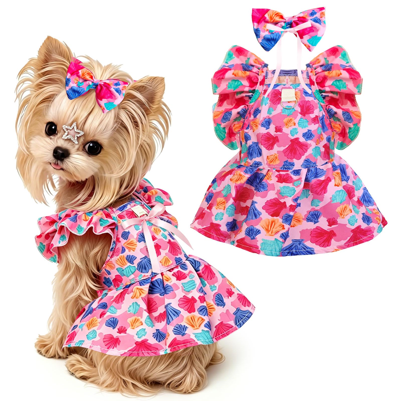 Cute Floral Small Dog Cat Harness Dress Outfits With Bow & Leash D-Ring,Soft Breathable Summer Ruffle Puppy Clothes Girl,3-Way Styling Female Dog Clothes For Chihuahua Yorkie Maltese photo 1