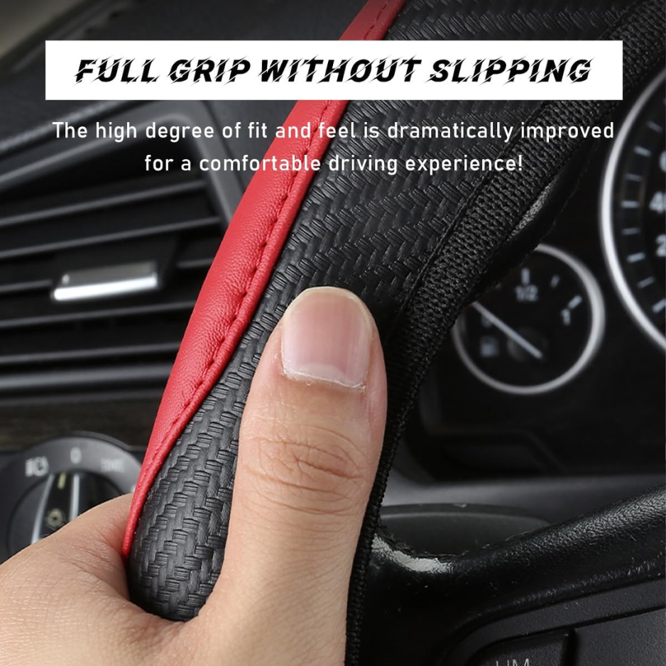Car Steering Wheel Cover, 15 Inch Leather Breathable Auto Steering Wheel Protector, Comfortable Non-Slip Vehicle Steering Wheel Covers, Universal Interior Car Accessories Black & Red photo 6