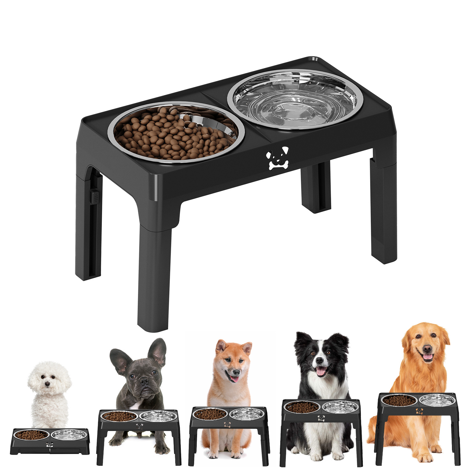 Elevated Dog Bowl 2 Stainless Steel Bowls, 5 Height Adjustable Stands Pet Medium And Large Dog Bowl Improves Digestion And Neck Support, Easy To Clean photo 2