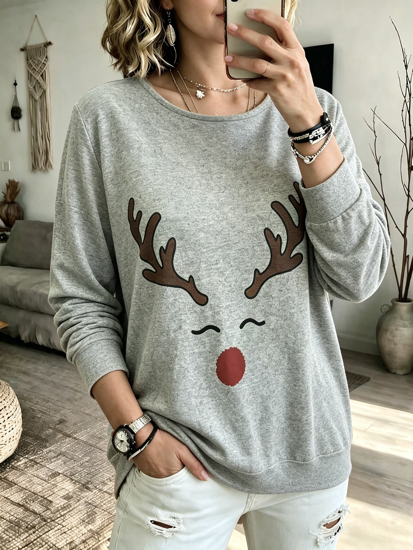 Women's Christmas Reindeer Print Sweatshirt Long Sleeve Crew Neck Casual Holiday Pullover Top photo 1