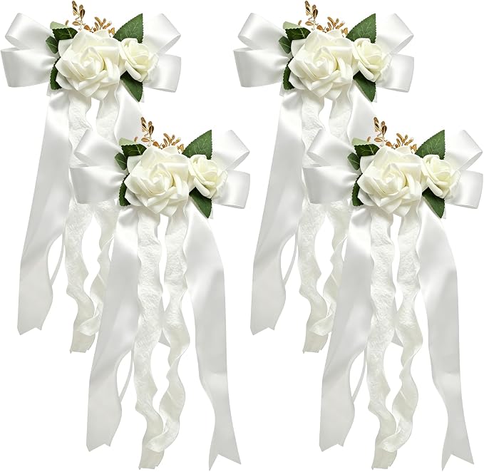 4-Piece White Artificial Flower Bouquets For Wedding Car Door Handle And Celebration Decorations photo 1
