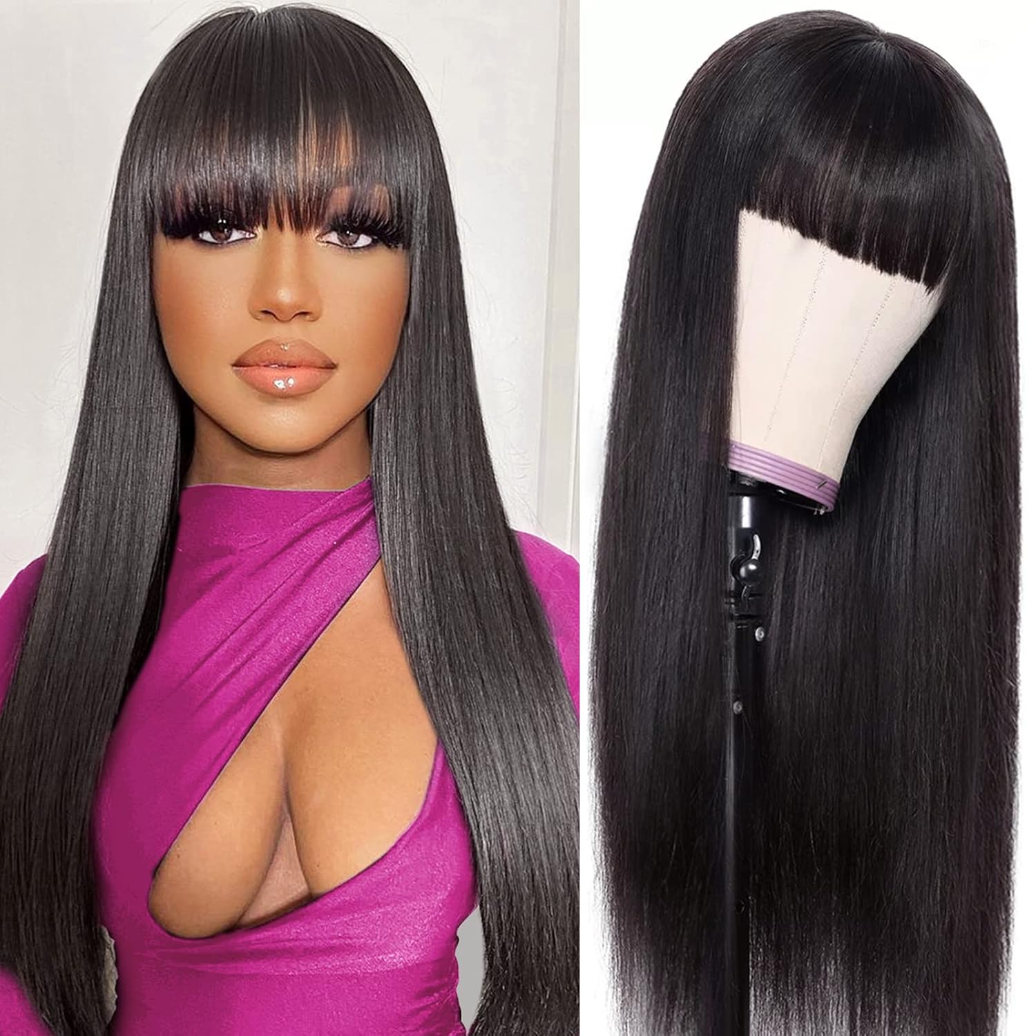 Machine-made Straight Human Hair Wig With Bangs, Natural Color, Density. photo 1