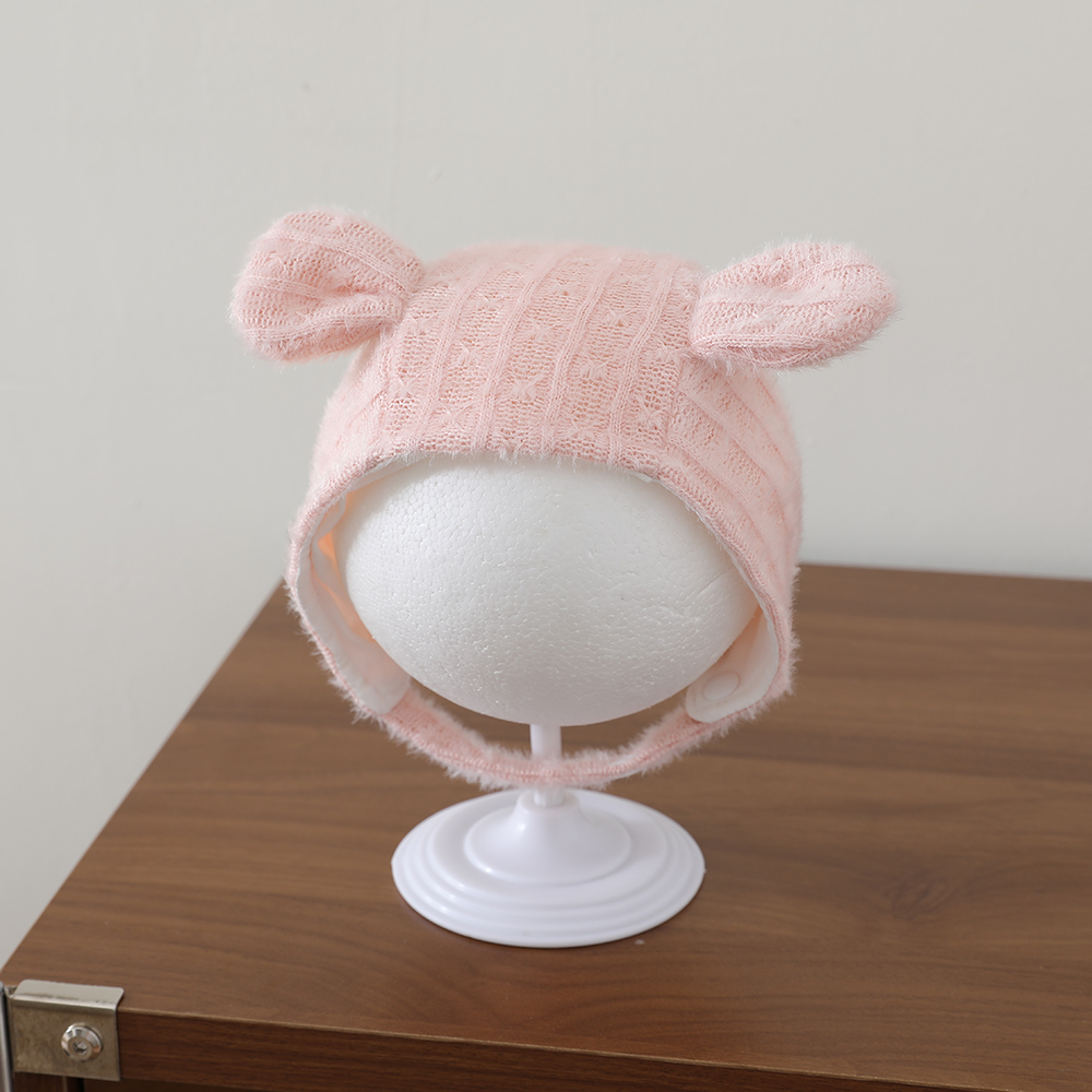 Winter Autumn Pure Color Knitted Three-dimensional Ear Protection Hat With Soft And Fluffy Fabric And Lace Straps photo 3