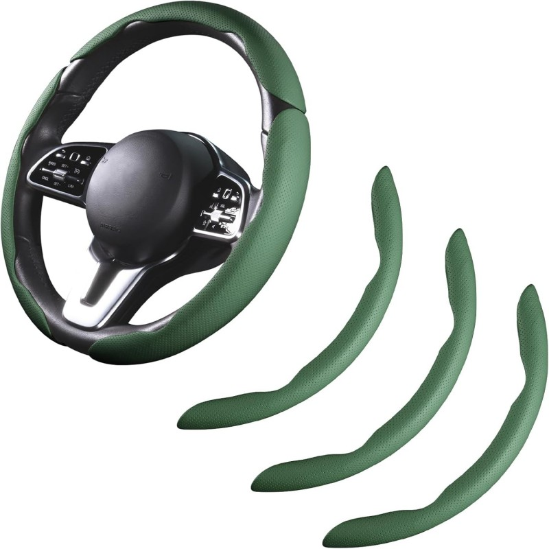 Car Steering Wheel Cover - Leather Snap-on Three-piece Set - Anti-slip Protection Cover - Steering Wheel Control Accessory - Universal Model - Dark Green photo 1