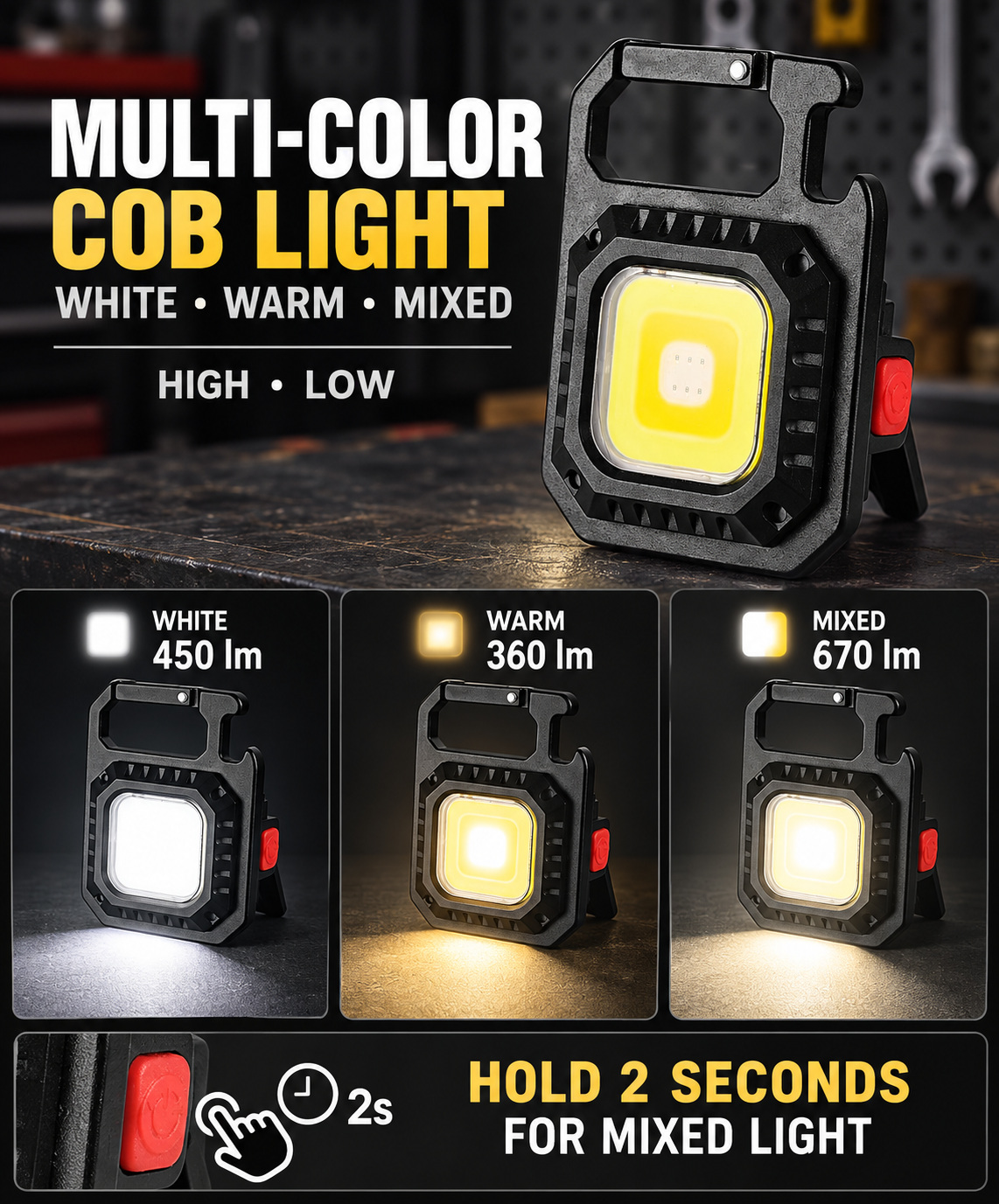 Rechargeable Magnetic Battery Display Type C LED Work Light Hanging Hook W5130 670LM COB Flashlight photo 7