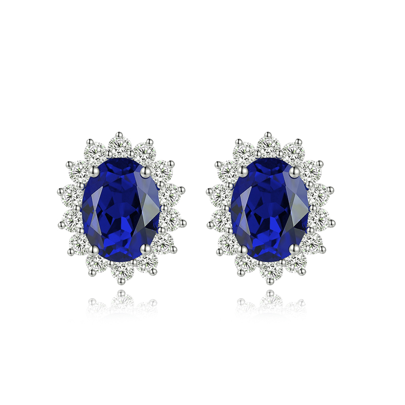 S925 Silver 3.1g Lab-Created Ruby Sapphire Emerald Paraiba Earrings, 8x6mm Halo, 4 Colors photo 3