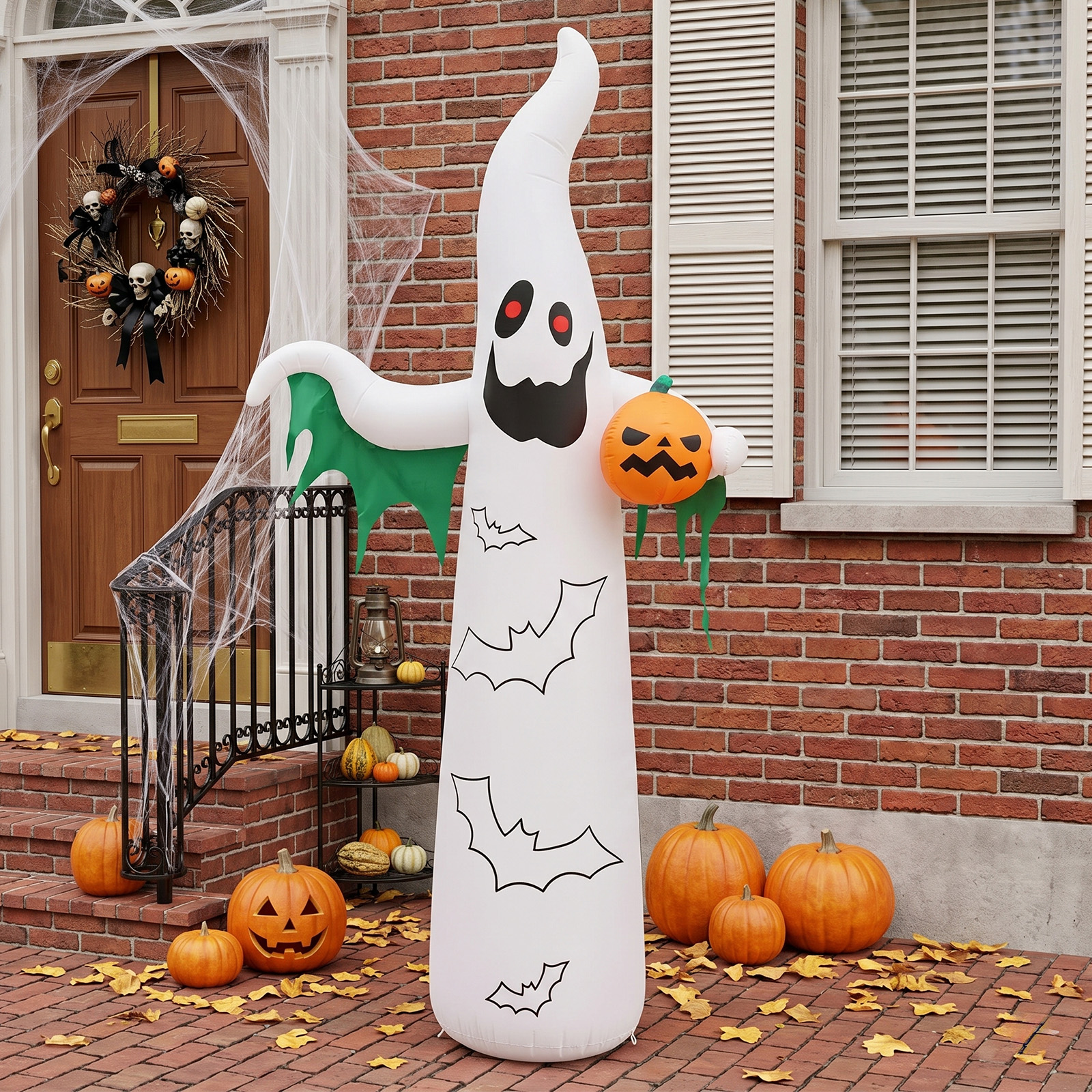12ft Inflatable Halloween Decor With Flashing Bats & White Ghosts,4 LED Lights - 82 String Lights,White & Green,12V 1500mA US Power Adapter photo 1