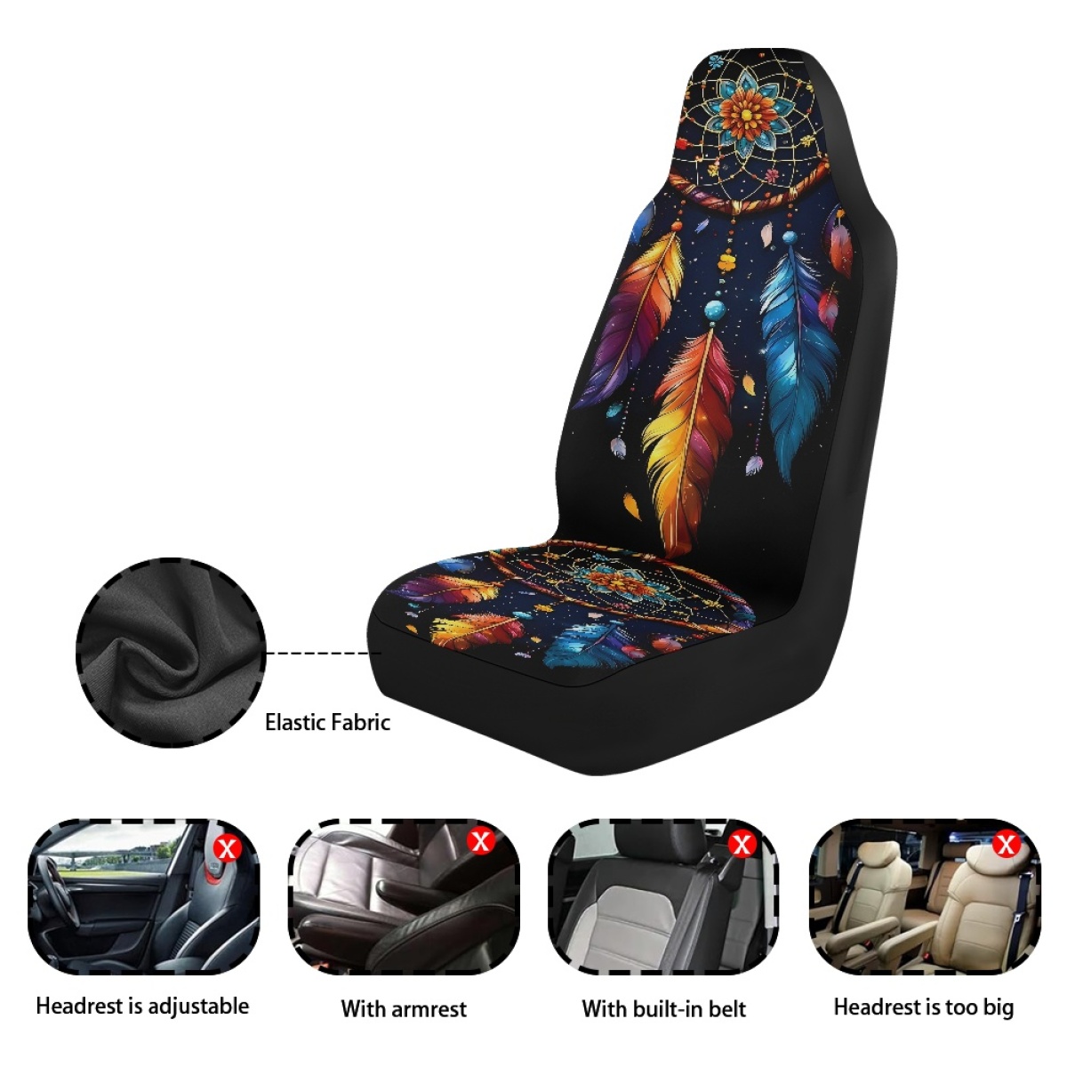 2 Front Car Seat Covers, Digitally Printed With Feather Patterns, Thin, Suitable For All Seasons, Fashionable Car Seat Covers photo 5