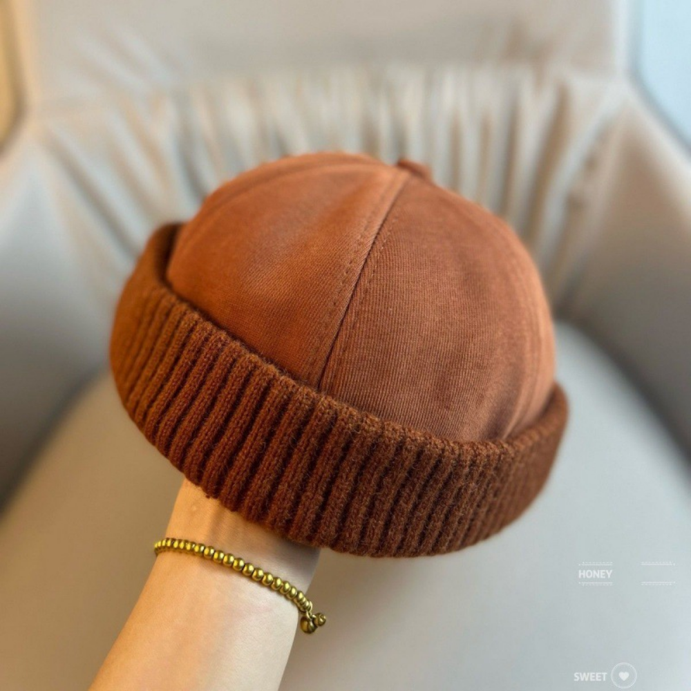 Patchwork Knitted Rolled-edge Vegetable-pulp Hat For Autumn And Winter, Made Of Cotton, With A Retro And Simple Design, Suitable For Workwear, Without A Brim, For A Lord-like Look photo 3
