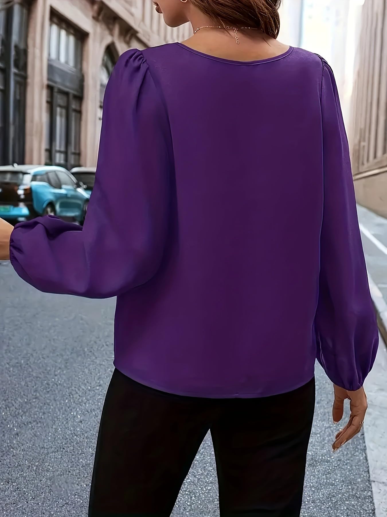 Women Puff Long Sleeve Blouse Keyhole Cutout Round Neck Elegant Dressy Top For Office Party Daily Wear photo 2
