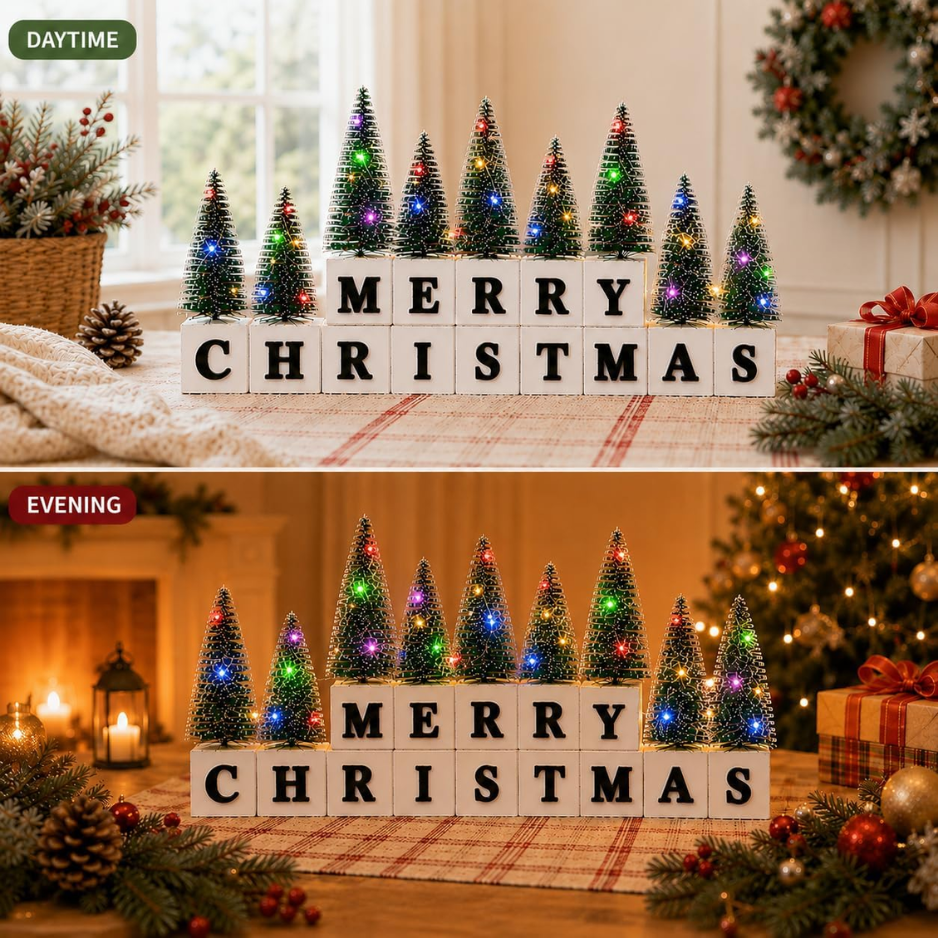 Christmas Table Decor With Multicolor Lighted Mini Trees And 3D Letters Wooden Christmas Sign For Mantel, Shelf, Fireplace, Entryway, Rustic Farmhouse photo 6