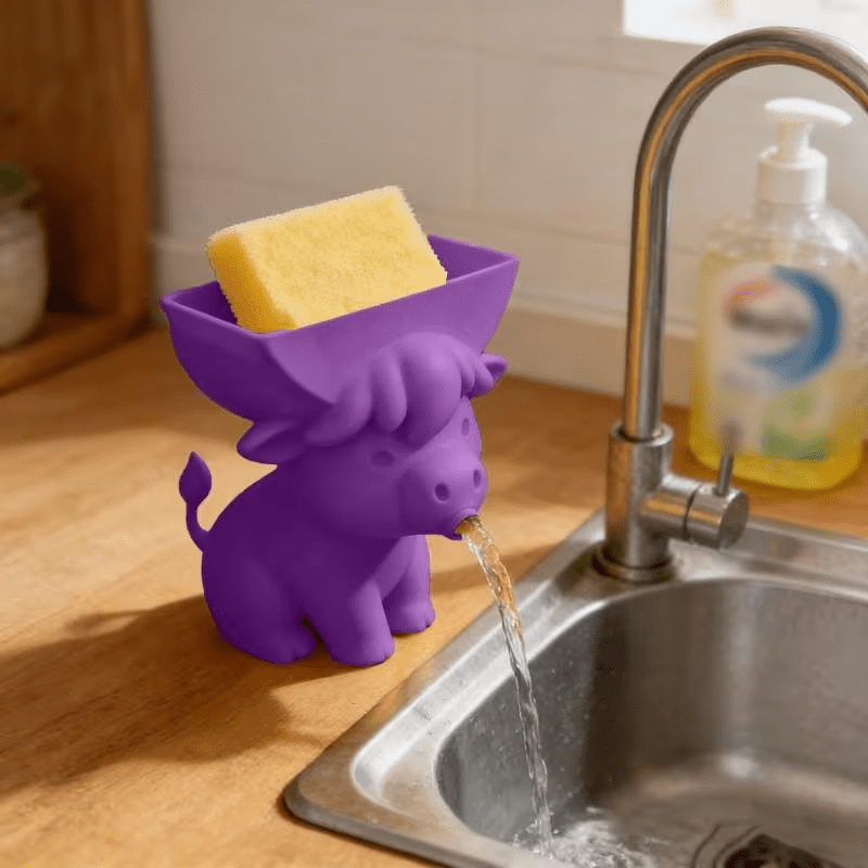 Cute Cow Sponge Holder, Kitchen Sink Organizer With Drain Spout, Animal Shaped Sponge Storage Rack For Countertop photo 8